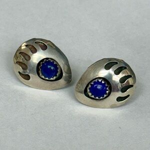 Sterling Silver Bear Paw Earrings with Lapis – 1/2” Studs Native American Style